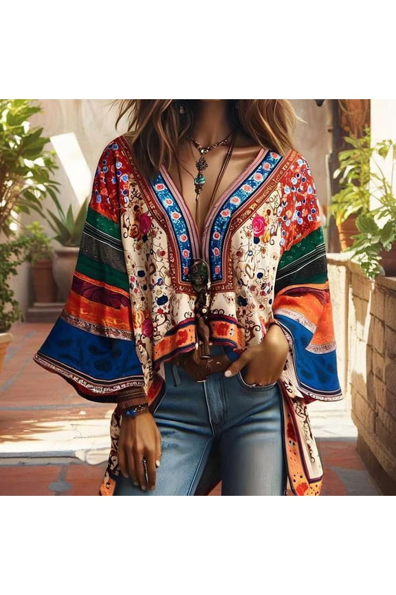 Vibrant Bohemian Patchwork Tunic (S, Beige)
