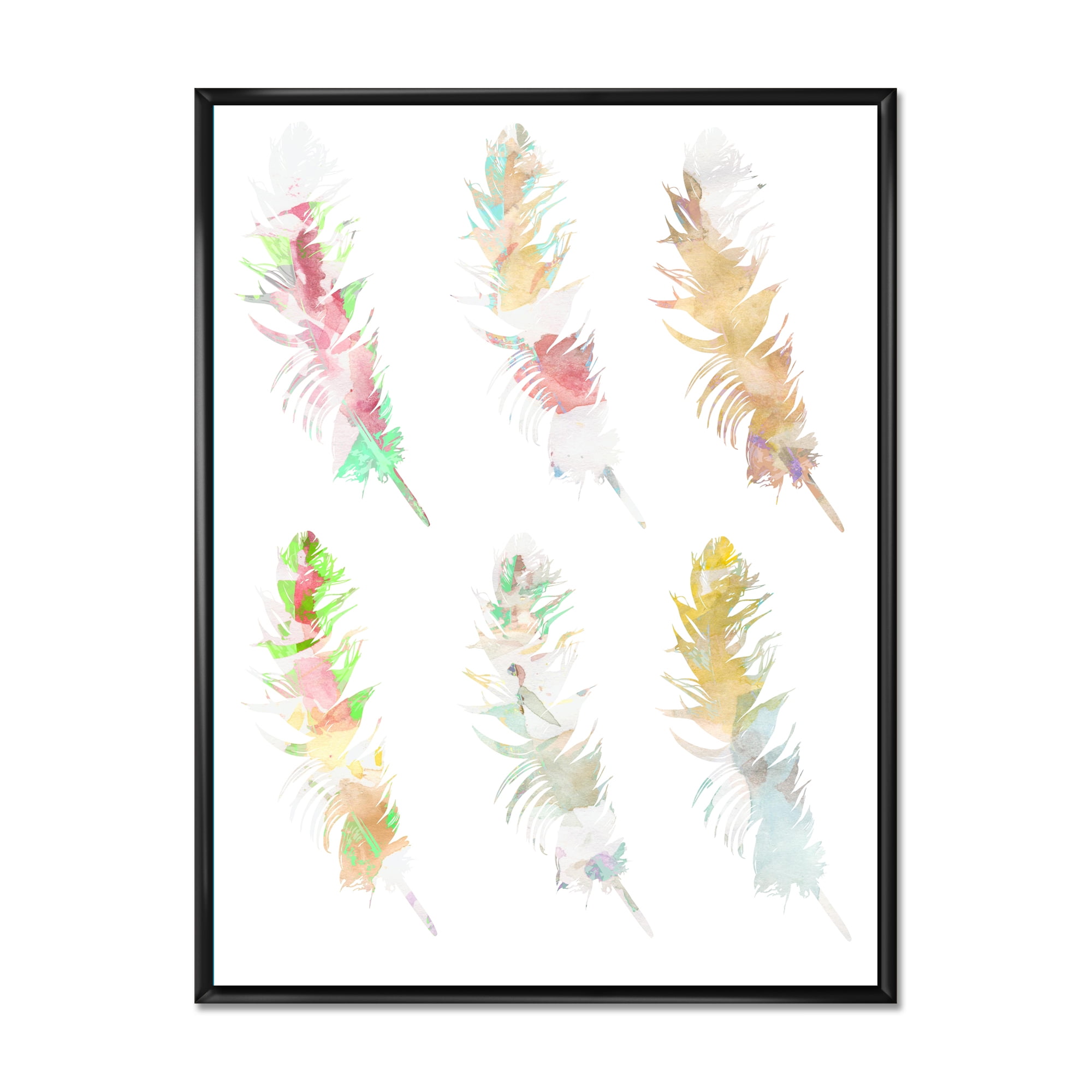 Vibrant Boho Art Feather In Rustic Bright Colors 16 in x 32 in Framed Painting Canvas Art Print, by Designart