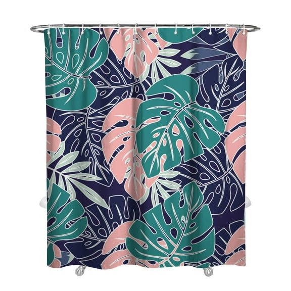 Vibrant Boho Bathroom Shower Curtain, Exotic Floral and Tropical Palm Leaf Hawaiian Jungle Print, Summer Waterproof Curtain with Hooks