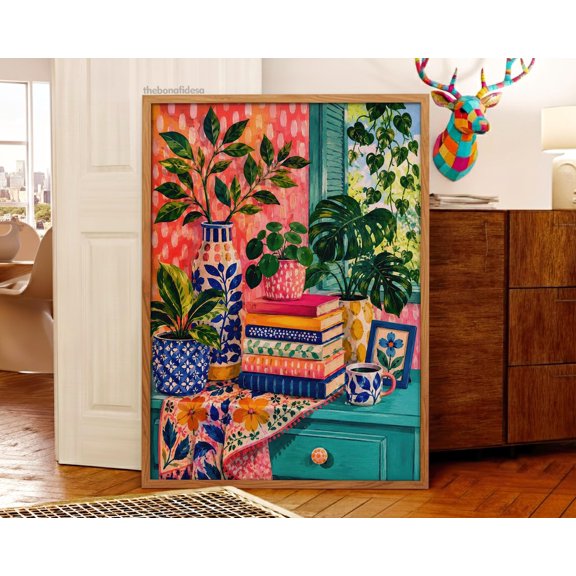Vibrant Boho Books Plants Eclectic Style Decor Wall Art