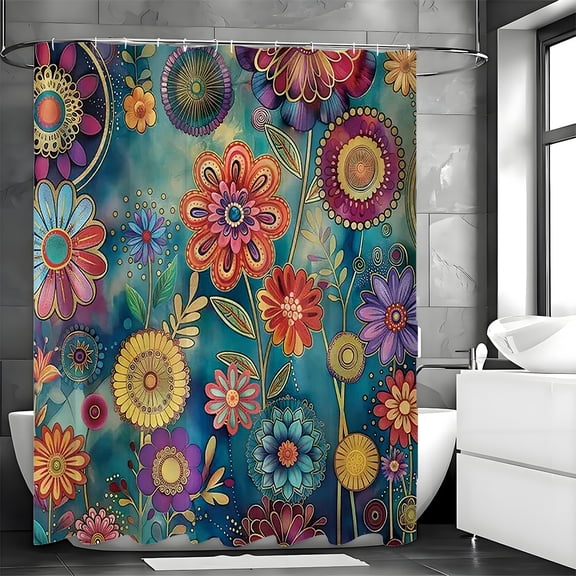 Vibrant Boho Floral Shower Curtain Colorful Folk Art Flower Print Bathroom Decor