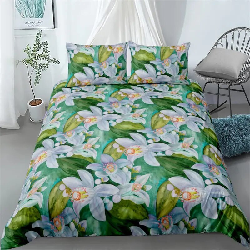 Vibrant Botanical Floral Duvet Cover Twin Size Lotus Flower Leaves
