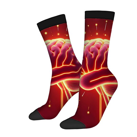Vibrant Brain Design Socks - 2 Pairs of Unisex Trendy Socks with Neural Activity Pattern on Deep Red Background