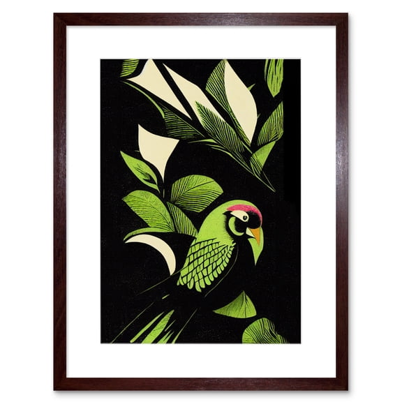 Vibrant Bright Lime Green Black Cream Jungle Leaf Pattern with Bird Modern Vintage Linocut Illustration Artwork Framed Wall Art Print 9X7 Inch