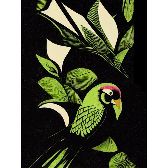Vibrant Bright Lime Green Black Cream Jungle Leaf Pattern with Bird Modern Vintage Linocut Illustration Extra Large XL Wall Art Poster Print