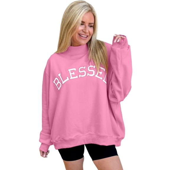 Vibrant Bright Pink Mock Neck Sweatshirt – Oversized Embroidered Style for Daily Wear, L