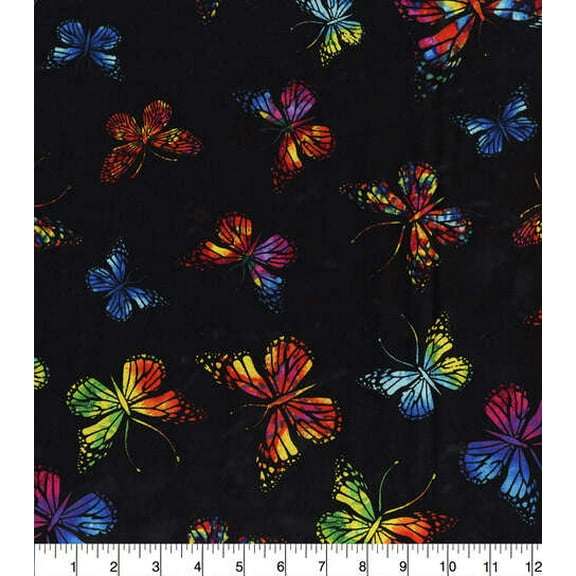 Vibrant Butterflies On Black Cotton Fabric