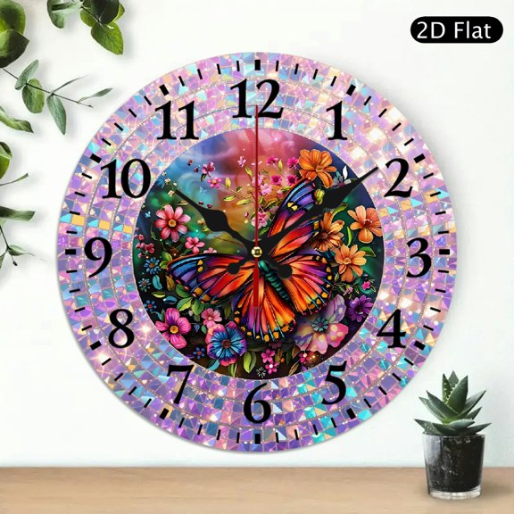 Vibrant Butterfly And Floral Digital Art Wall Clock, Decorative Mosaic Border Round Wall Clock For Home Decor, 10x10 Inch, 1pc, Battery Not Included