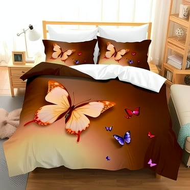 Vibrant Butterfly Comforter Set Colorful Bedding with Pillowcases Warm Brown & Beige Design Whimsical Bedroom Decor