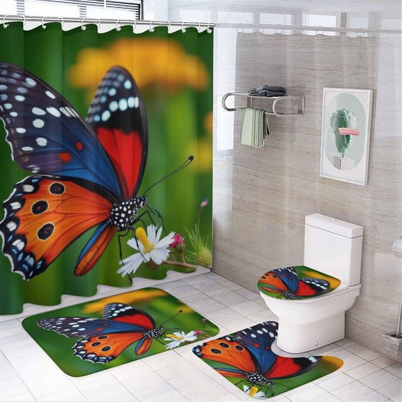 Vibrant Butterfly Floral Print-2 Shower Curtain Set Modern Bathroom Decor Mats 4pcs Fabric Bathroom Curtain Slip Floor Rug Toilet Lid