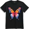 thumbnail image 1 of Vibrant Butterfly Graphic Black T-Shirt Bold Pink & Blue Design, 1 of 5