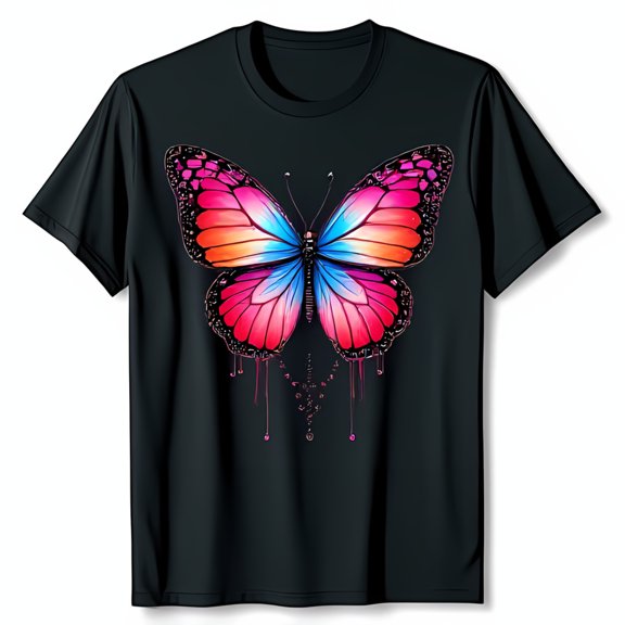 Vibrant Butterfly Graphic Black T-Shirt Drip Design with Pink & Blue Wings