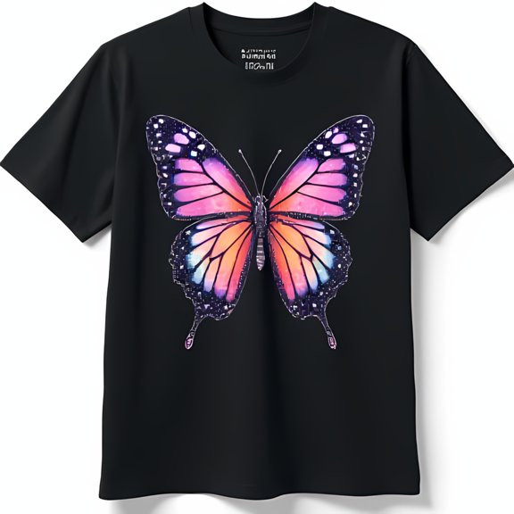 Vibrant Butterfly Graphic Black T-Shirt Glittery Pink Design