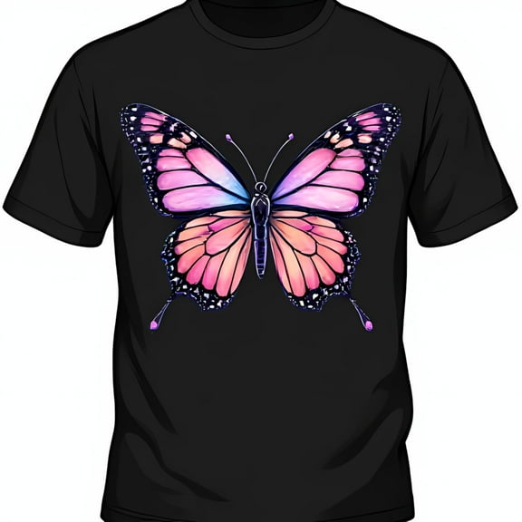 Vibrant Butterfly Graphic Black T-Shirt Soft Pink & Design