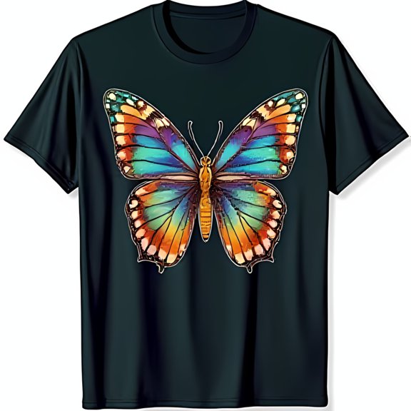Vibrant Butterfly Graphic T-Shirt for Women Soft Black Tee with Colorful Wing Design