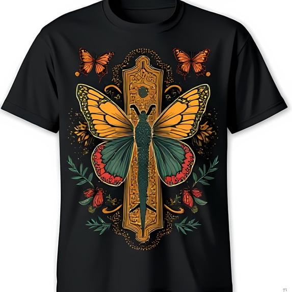 Vibrant Butterfly Graphic on Black T-Shirt Intricate Design with Floral Accents