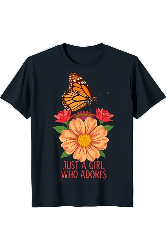 Vibrant Butterfly Graphic on Black T-Shirt Just a Girl Who Adore Design