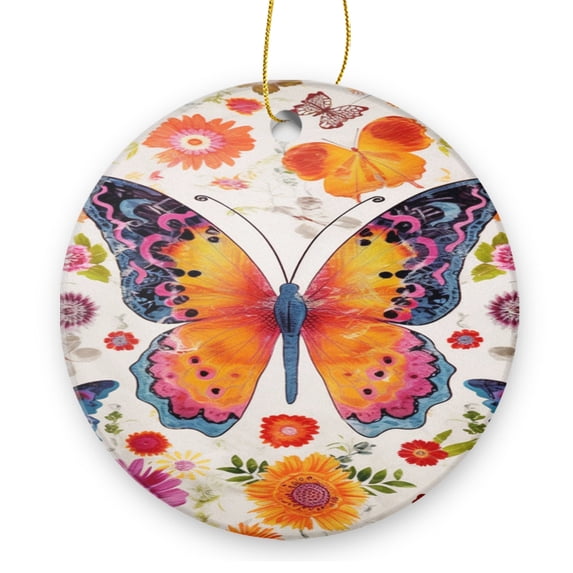 Vibrant Butterfly Print on White Adorned With Colorful Flowers - Christmas Ornament Xmas Keepsake Ceramic Ornaments Holiday Decorations for Tree Christmas Gift Ideas 2.95in