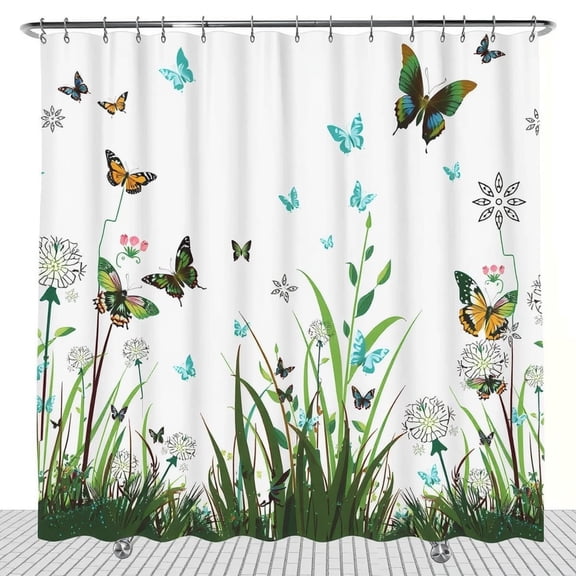 Vibrant Butterfly Shower Curtain - Teal & Orange-Brown Design on White with Green Grass & Dandelions