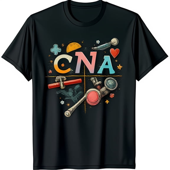 Vibrant CNA Graphic T-Shirt for Nursing Assistants Black Tee with Colorful Tools Design