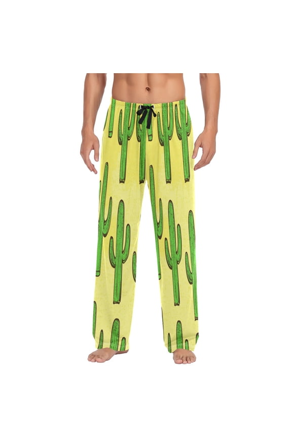 Vibrant Cacti Men's Lightweight Pajama Bottoms Stretch Elastic Waist Side Pockets Spring Fall