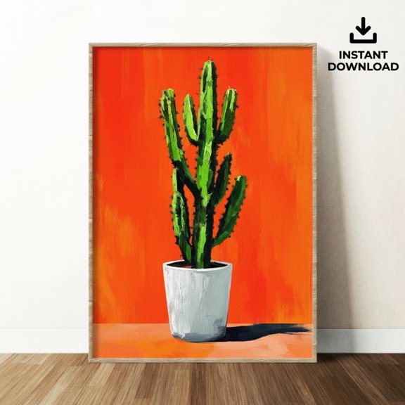 Vibrant Cactus Wall Art | Bold Orange Background | Modern Desert Decor, Unframed Paper Poster 8x10in