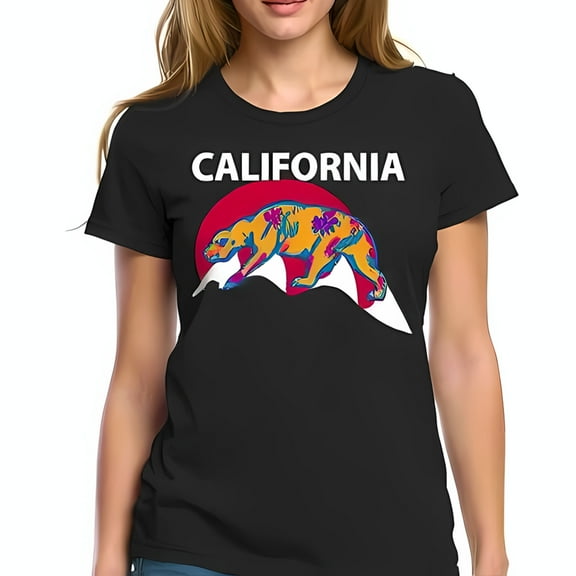 Vibrant California Grizzly Bear Graphic T-Shirt - Bold White 'CALIFORNIA' Text Kaleidoscopic Design Short Sleeve Cotton Tee