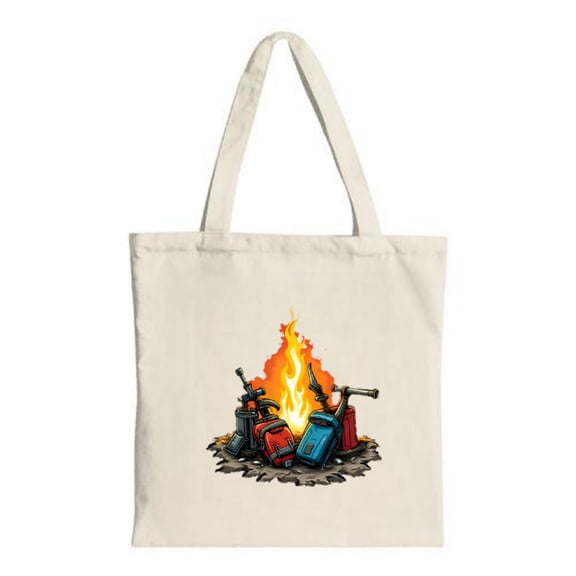 Vibrant Campfire Tote Bag - White Canvas with Colorful Camping Gear Design Perfect for Shopping Travel and Parties