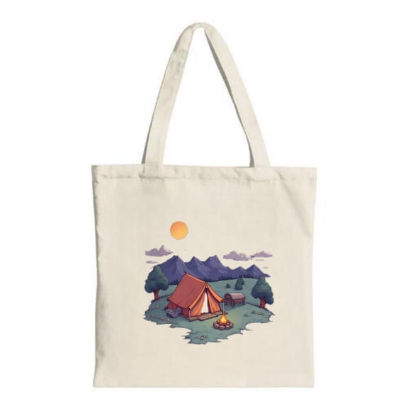 Vibrant Camping Scene Canvas Tote Bag - Red Tent Trees Campfire & Mountains - Perfect for Shopping Travel & Parties