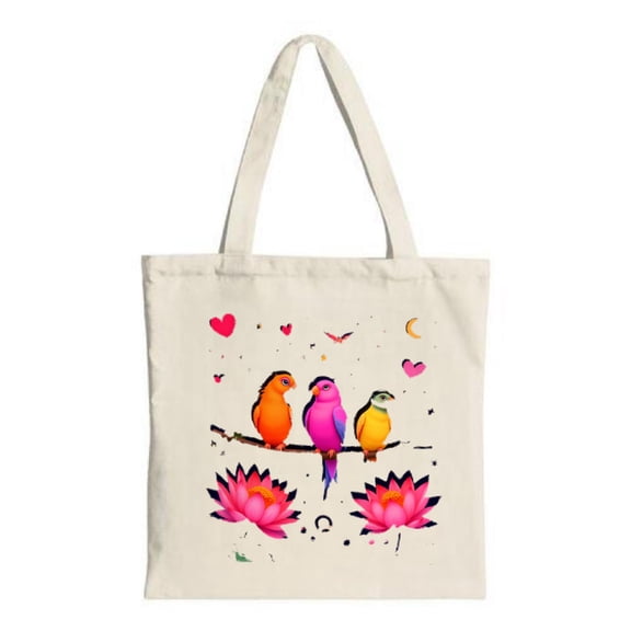 Vibrant Canvas Tote Bag with Colorful Birds Hearts Flowers - Perfect for Shopping Travel & Parties