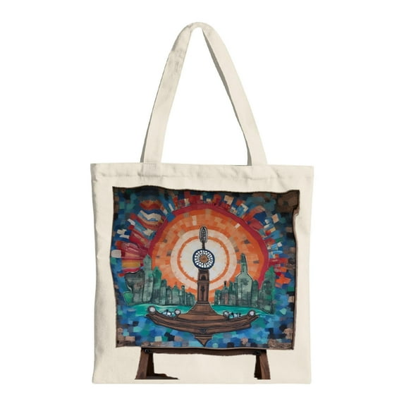 Vibrant Canvas Tote Bag with Colorful Boat and Tower Design - Perfect for Shopping Travel & Parties - Multifunctional Reusable Bag