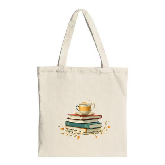 Vibrant Canvas Tote Bag with Colorful Book Stack & Coffee Design Perfect for Shopping Travel & Parties - Eco-Friendly & Stylish
