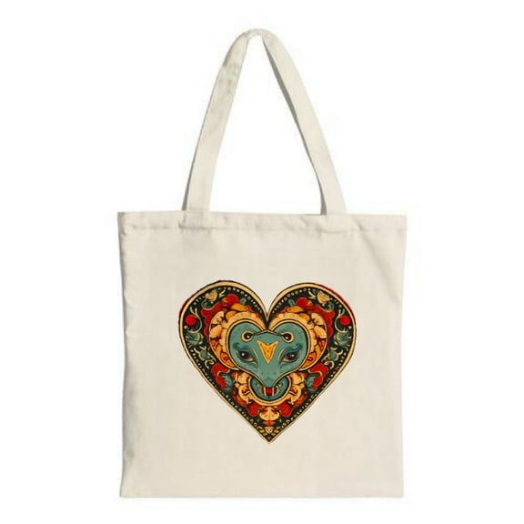 Vibrant Canvas Tote Bag with Decorative Heart Design Surrounded by Intricate Red Yellow and Green Patterns - Perfect for Shopping and Travel