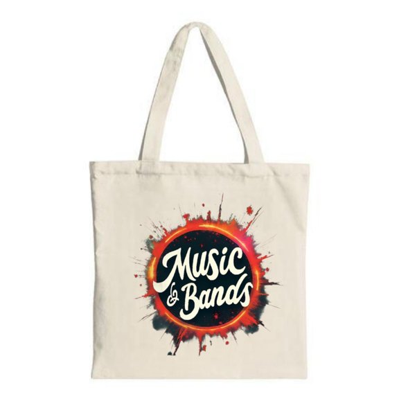 Vibrant Canvas Tote Bag with " Music & Bands " in stylish font surrounded by a colorful splash—perfect for shopping parties and travel