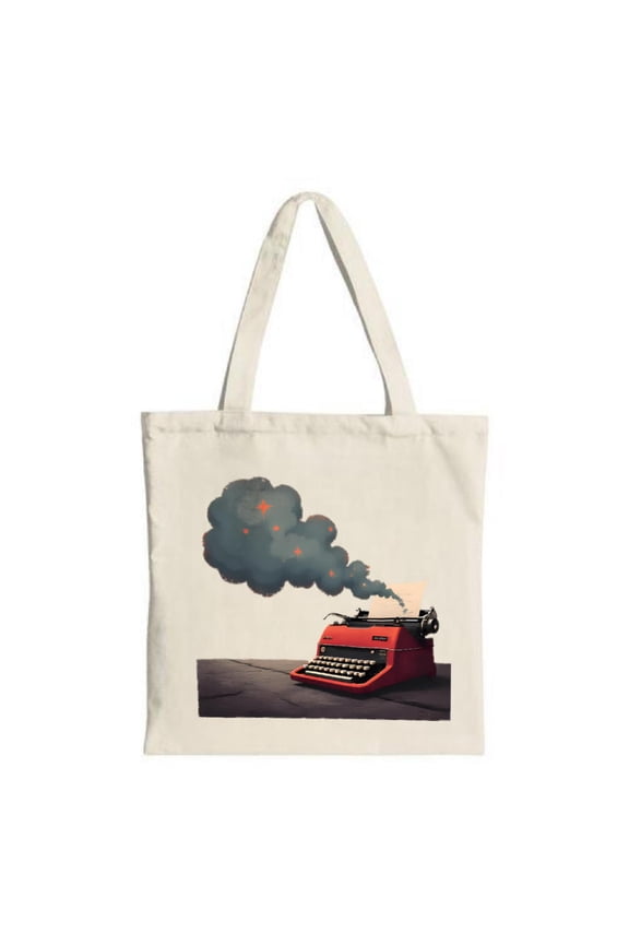 Vibrant Canvas Tote Bag with Red Typewriter & Dark Smoke Design Perfect for Shopping Travel and Parties - Stylish & Multifunctional