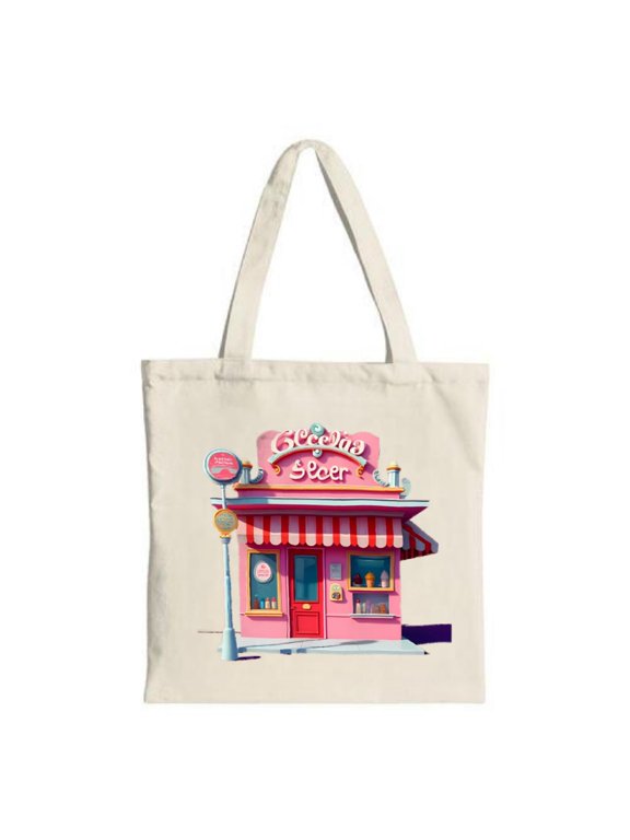 Vibrant Canvas Tote Bag with Whimsical Pink & Red Alcatraz Storefront Design - Perfect for Shopping Travel & Parties