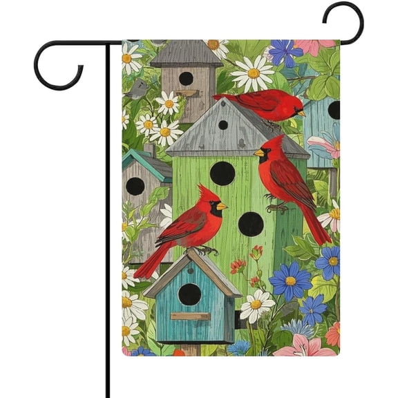 Vibrant Cardinal Birdhouse Linen Garden Flag Double Sided 12 x 18 Inch Small Outdoor Yard Flag for Outside Decorations
