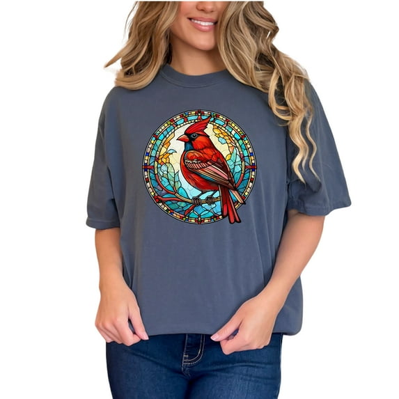 Vibrant Cardinal T-Shirt, Unique Bird Design Tee, Stunning Stained Glass Art Shirt, Perfect Gift for Bird Lovers, Nature Inspired Apparel, Denim Comfort Colors T-Shirt, 3XL
