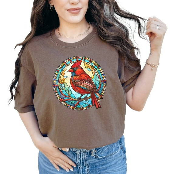 Vibrant Cardinal T-Shirt, Unique Bird Design Tee, Stunning Stained Glass Art Shirt, Perfect Gift for Bird Lovers, Nature Inspired Apparel, Espresso Comfort Colors T-Shirt, XL