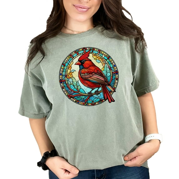 Vibrant Cardinal T-Shirt, Unique Bird Design Tee, Stunning Stained Glass Art Shirt, Perfect Gift for Bird Lovers, Nature Inspired Apparel, Moss Comfort Colors T-Shirt, Large