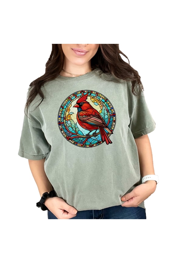 Vibrant Cardinal T-Shirt, Unique Bird Design Tee, Stunning Stained Glass Art Shirt, Perfect Gift for Bird Lovers, Nature Inspired Apparel, Moss Comfort Colors T-Shirt, Large