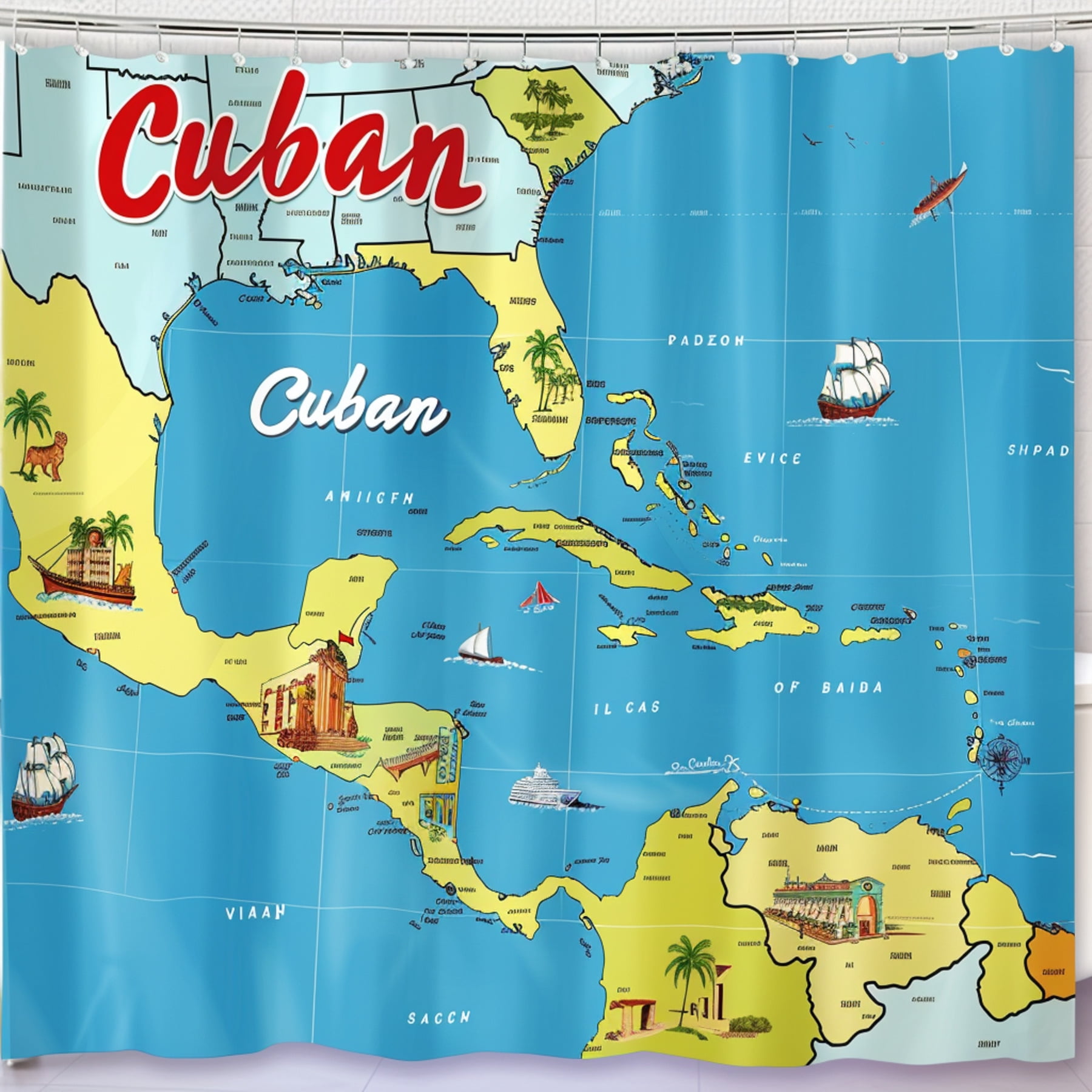 Vibrant Caribbean Map Shower Curtain Cuban Islands Festive Cartoon Vibrant Caribbean Map Shower Curtain Cuban Islands Festive Cartoon