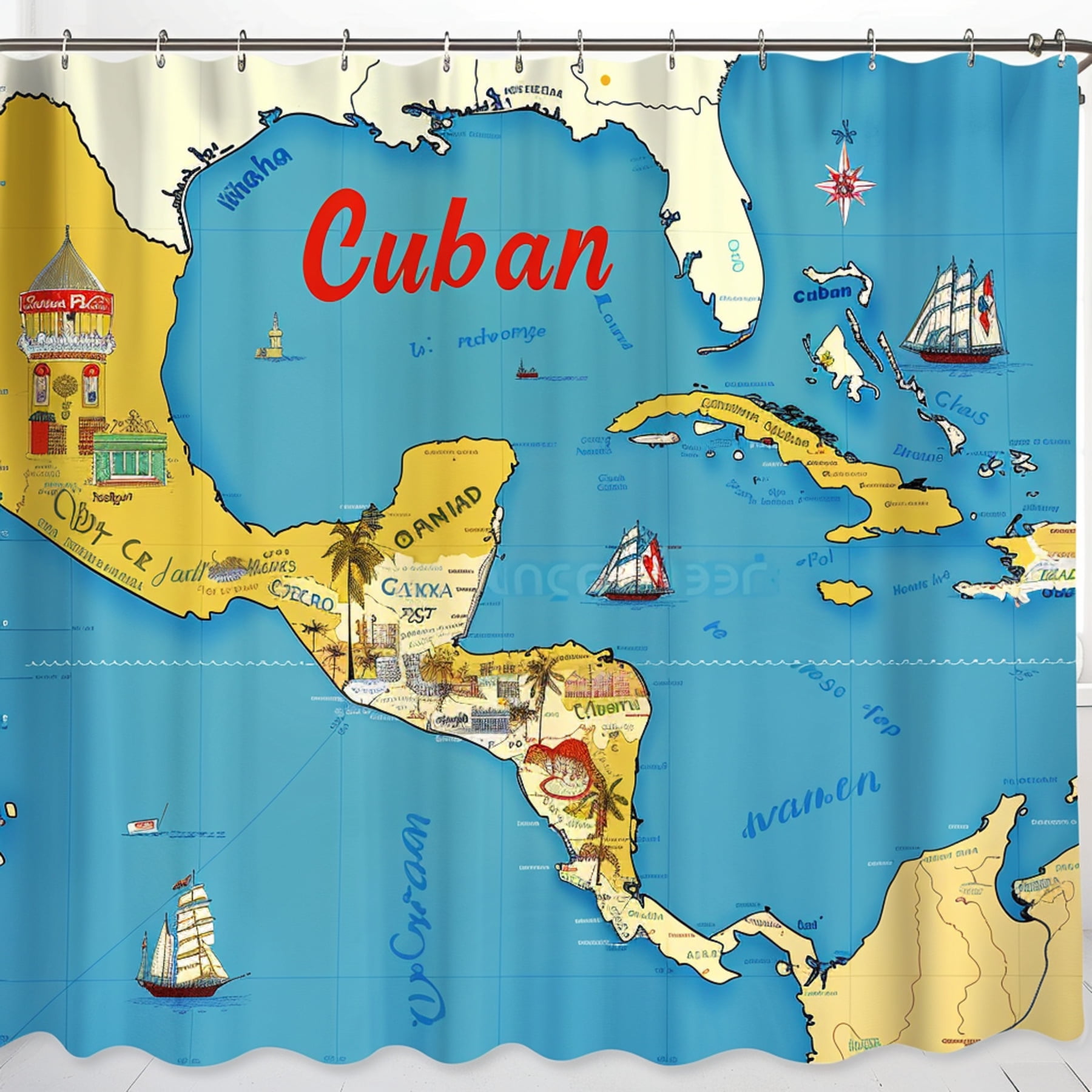 Vibrant Caribbean Map Shower Curtain Cuban Islands Festive Cartoon 