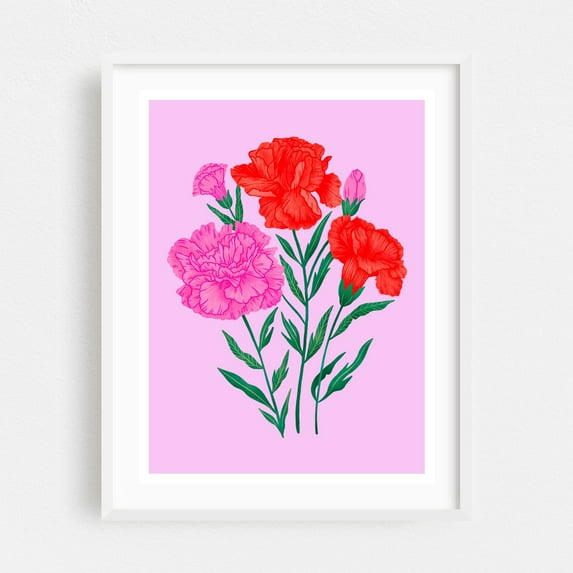 Vibrant Carnations - Illustration Floral Flowers Botanical Modern Art Pastel Pop Art White Framed Wall Art Print 8 x 10 inches