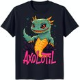 thumbnail image 1 of Vibrant Cartoon Axolotl T-Shirt Dark Blue with Flowers & Pink Accents, 1 of 5