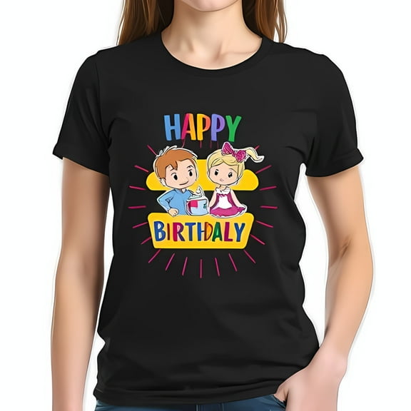 Vibrant Cartoon Birthday T-Shirt Cheerful Siblings Sharing Treats " HAPPY BIRTHDALY " Design Comfortable Cotton Short Sleeve Tee
