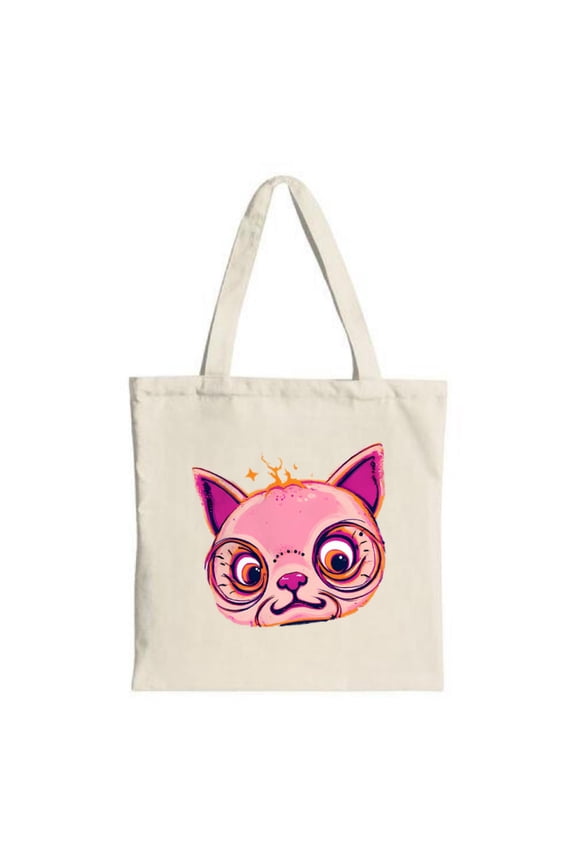 Vibrant Cartoon Cat Tote Bag - Playful Pink Face & Expressive Eyes Perfect for Shopping Travel & Parties - Eco-Friendly Canvas