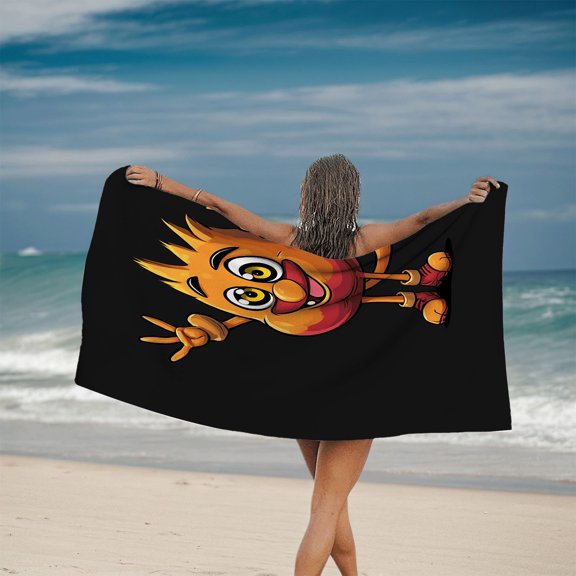 Vibrant Cartoon Character Beach Towel - Cheerful Design with Spiky Orange Hair & Peace Sign - Perfect for Pool Travel & Bath