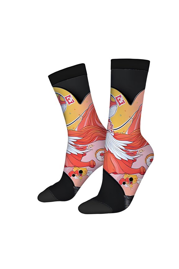 Vibrant Cartoon Character Socks (2 Pairs) - Unisex Trendy Design with Orange Robes & Red Hat Perfect for All Seasons Mixed Colors Fun & Stylish