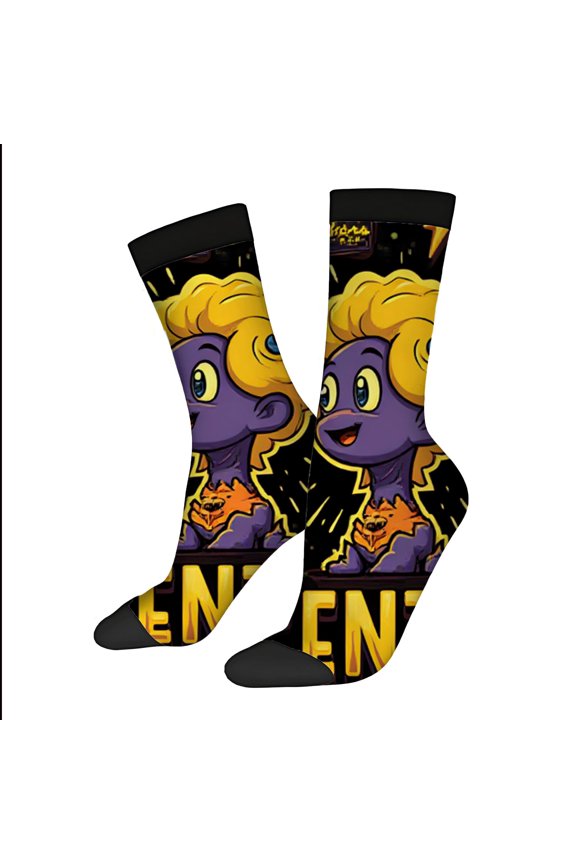 Vibrant Cartoon Character Socks - 2 Pairs Unisex Trendy Design with Purple Skin Yellow Hair Lightning Bolts & ' ENERGY ' Print
